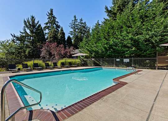 Outdoor swimming pool with lounge chairs and fencing at Scout Apartments, Kirkland