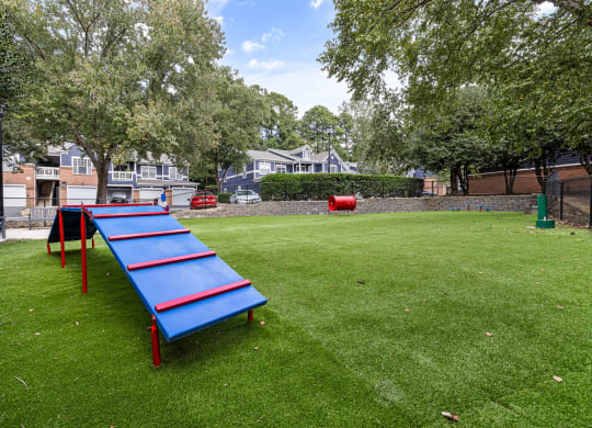a blue and red trampoline in the middle of a grass field at Mariners Crossing, North Carolina, 27612