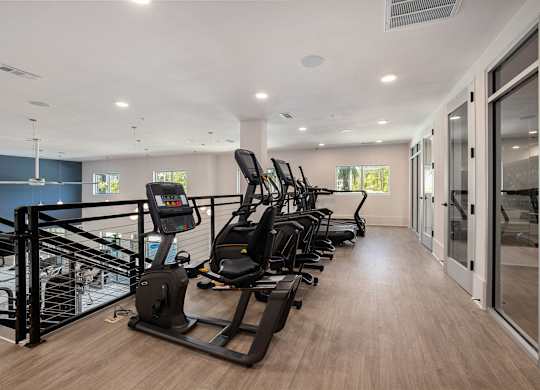 a row of treadmills in a fitness room with glass doors