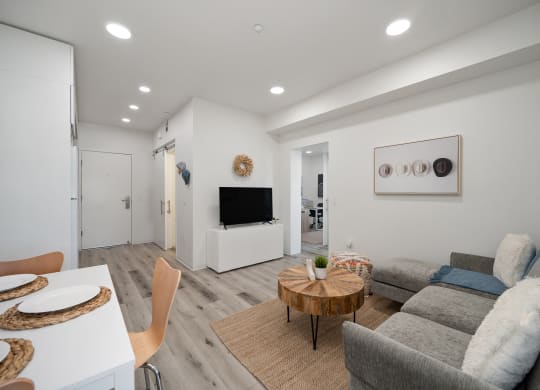 a living room with a couch and a table and a television