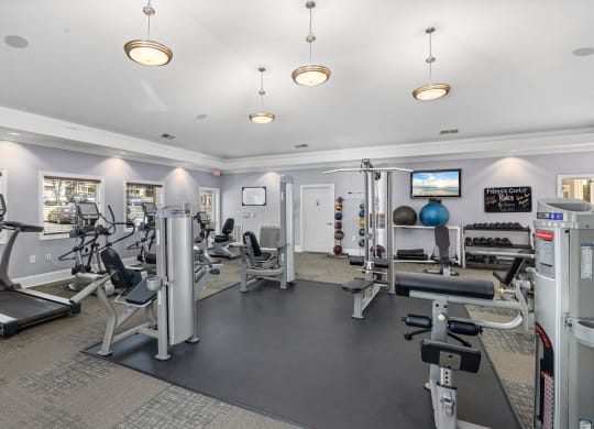 a gym with weights and cardio machines and a tv