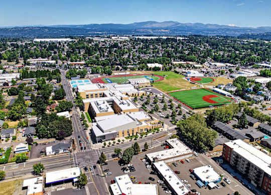 A cityscape with a large building and a green field in the foreground.