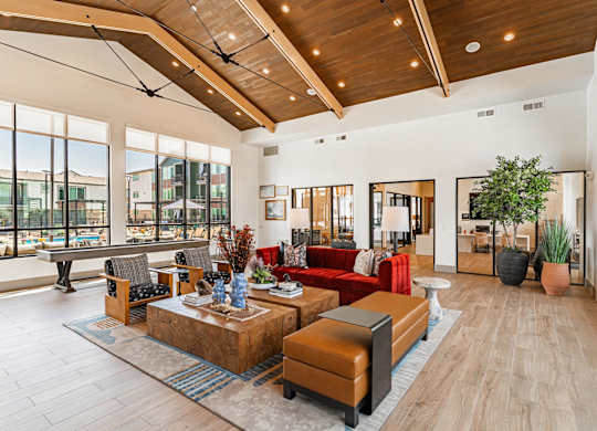 Clubhouse with large windows and high ceilings