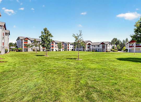 A grassy field with a row of houses in the background.