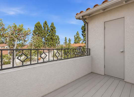A large balcony with a storage closet.