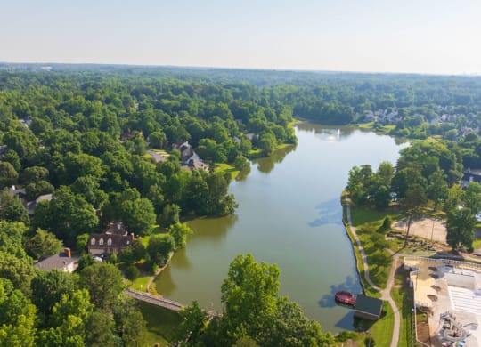 Aerial view of river at The Madison at Adams Farm, Greensboro, 27407