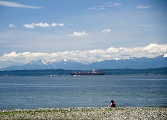 a woman sits on the beach with a ship in the background at Ion Town Center, Washington