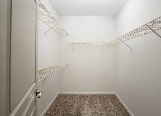 a spacious walk in closet with hanging racks and carpeted flooring