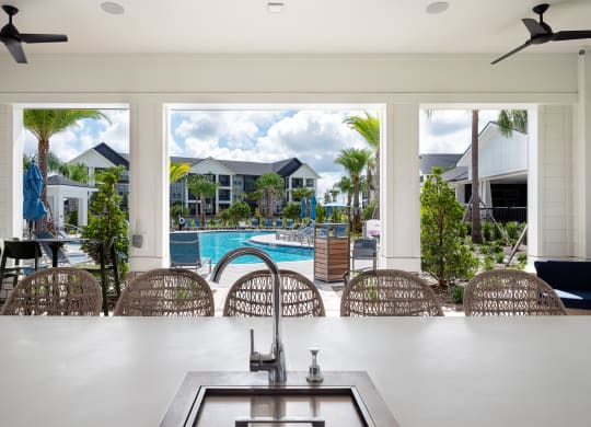 a view of a swimming pool from behind a kitchen table