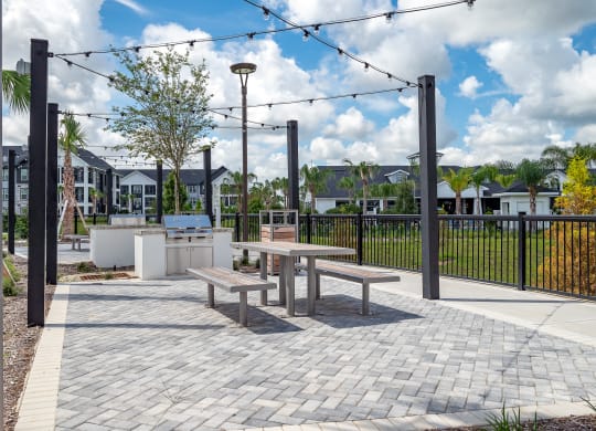 an outdoor patio with picnic tables and a grill