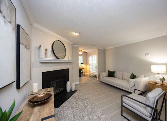 A living room with a fireplace and a couch.