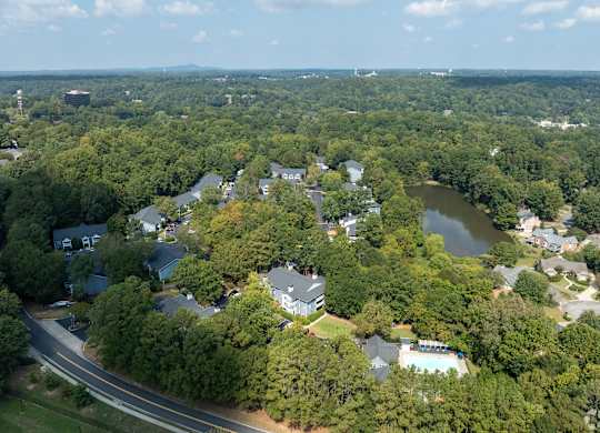 A bird's eye view of a residential area surrounded by trees.