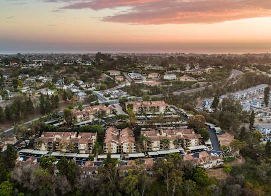 A residential area with houses surrounded by trees.