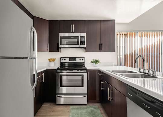 A modern kitchen with dark brown cabinets and stainless steel appliances.