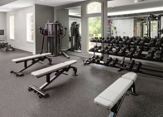 a gym with weights and benches in the center of the room