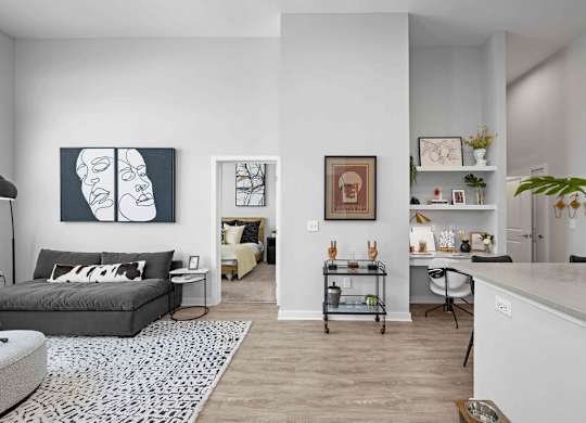 A living room with a grey couch and a white wall.