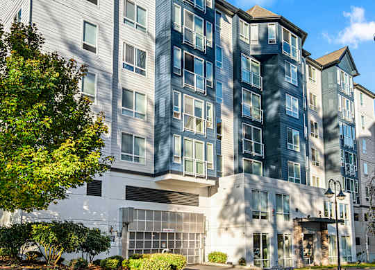 a large apartment building with a tree in front of it