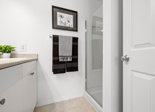 a bathroom with a shower and sink