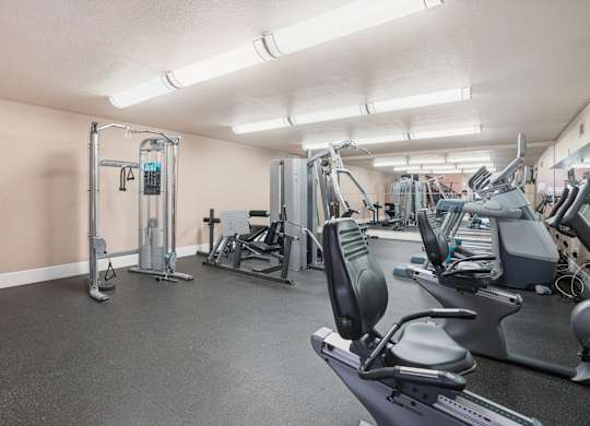 A gym with a variety of equipment including treadmills, weights, and exercise machines.