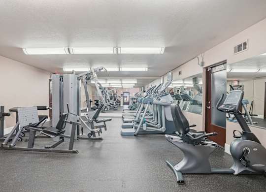 A gym with a variety of equipment including treadmills, stationary bikes, and weight machines.