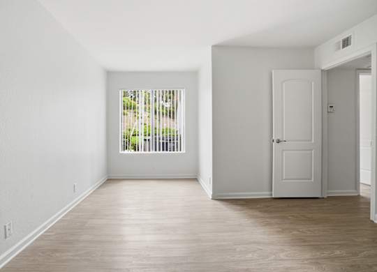A room with a white door and a window with a view of trees.