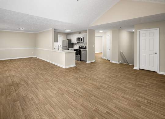 Empty living room with plank-style wood floors.