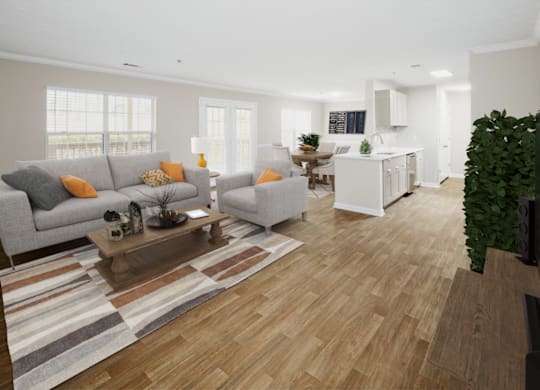 a living room with a couch and a table