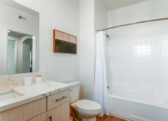 A bathroom with a toilet, sink, and shower.