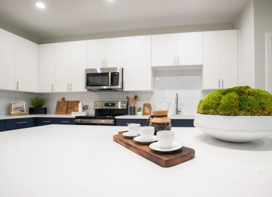 a white kitchen with white counters and a white counter top