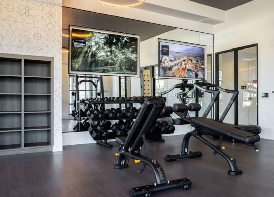 a gym with weights and a tv on the wall