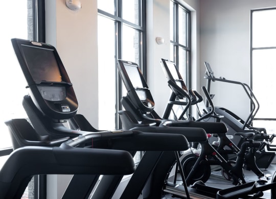 a row of exercise bikes in a gym