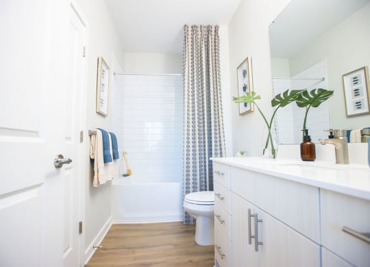 a white bathroom with a shower and a toilet