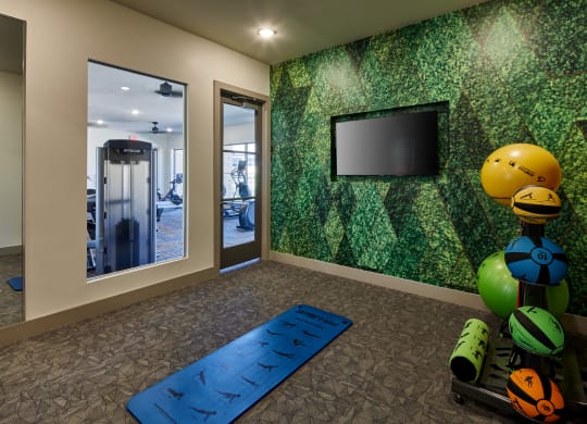 a fitness room with a yoga mat and a television on the wall and a gym