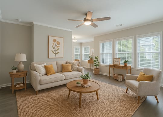 A living room with a couch, a chair, a coffee table, and a ceiling fan.