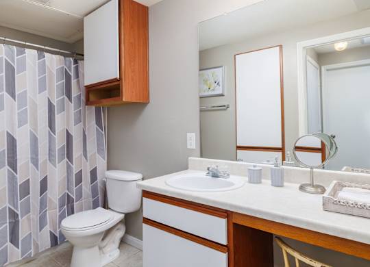 A bathroom with a toilet, sink, and shower curtain at Clear Creek Meadows Apartments, Copperas Cove