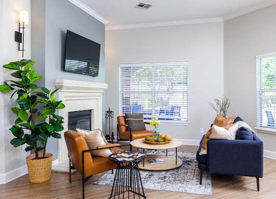 a living room with gray walls and a fireplace with a tv above it at Clear Creek Meadows Apartments, Copperas Cove, Texas