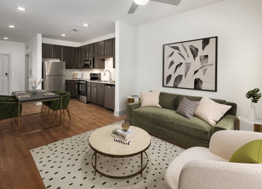 a living room with a couch and a table