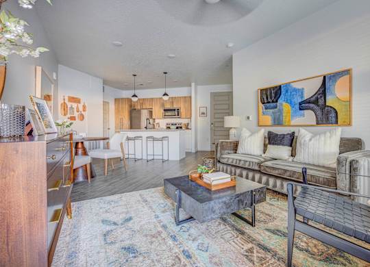 a living room with a couch and a table