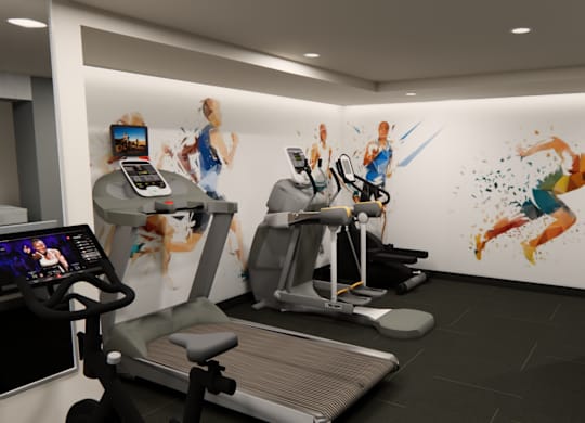 A gym with treadmills and exercise bikes.