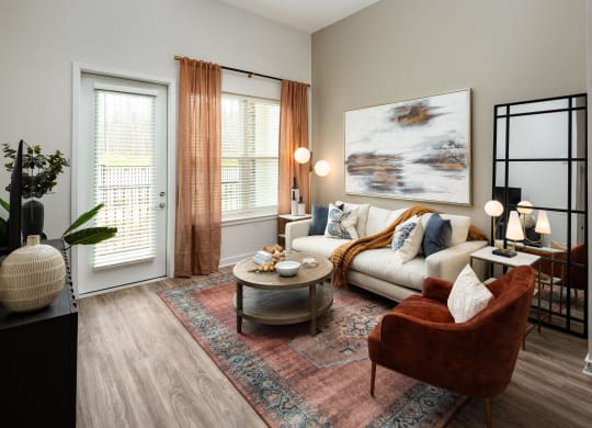 a living room with a couch and a table