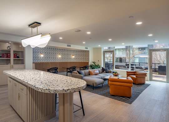 a clubhouse with a bar and a living room with couches