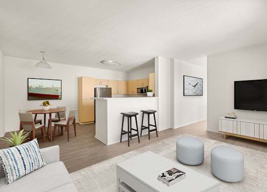 A modern living room with a grey sofa, a coffee table, and a television.