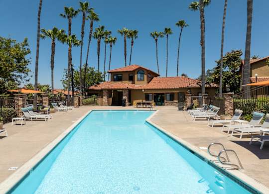 Swimming pool with chairs and a house in the background at Bella Terra, Vista
