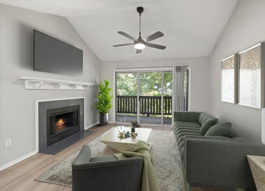 a living room with couches and a tv and a fireplace