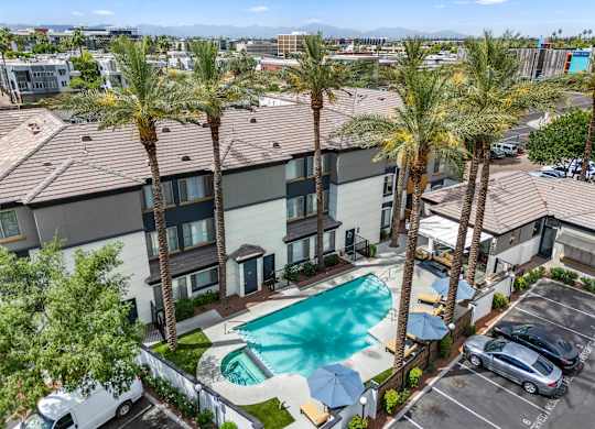 A swimming pool surrounded by palm trees and apartment buildings.