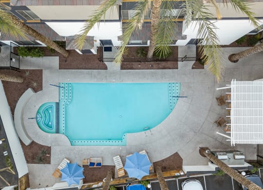 a view of the pool from above at the ace hotel anaheim resort