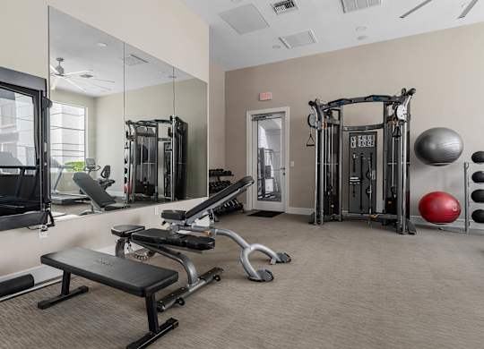 A gym with a variety of equipment including a leg press machine, a bench, and a medicine ball.