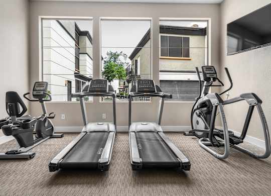 A well-equipped gym with treadmills, elliptical machines, and a stationary bike.
