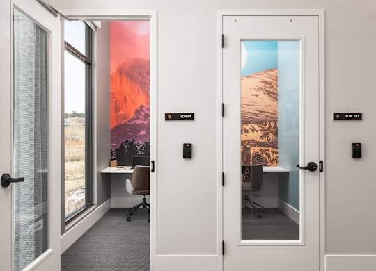 A room with a white door and a window with a view of a desert landscape.