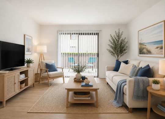 A living room with a television, a chair, a couch, a coffee table, and a plant.